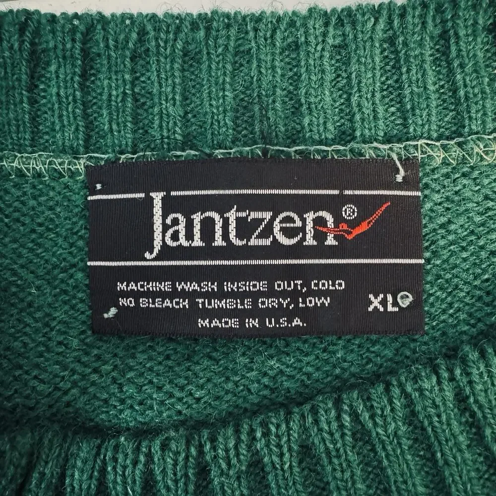 VTG 80s Jantzen Mens XL‎ Solid Forest Green Cable Knit Crew Neck Chunky Sweater